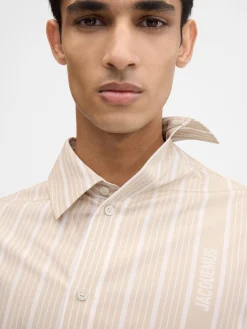 Clearance Jacquemus The Cuadro shirt JacquardBusinessBigLogoStripesBeige/White